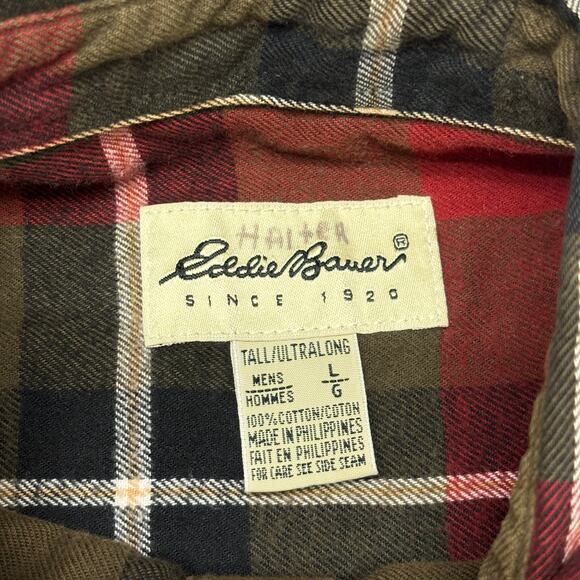 Eddie Bauer‎ Flannel Tartan Plaid Red Green Mens L Tall Button Shirt VIntage 90s - Picture 4 of 8